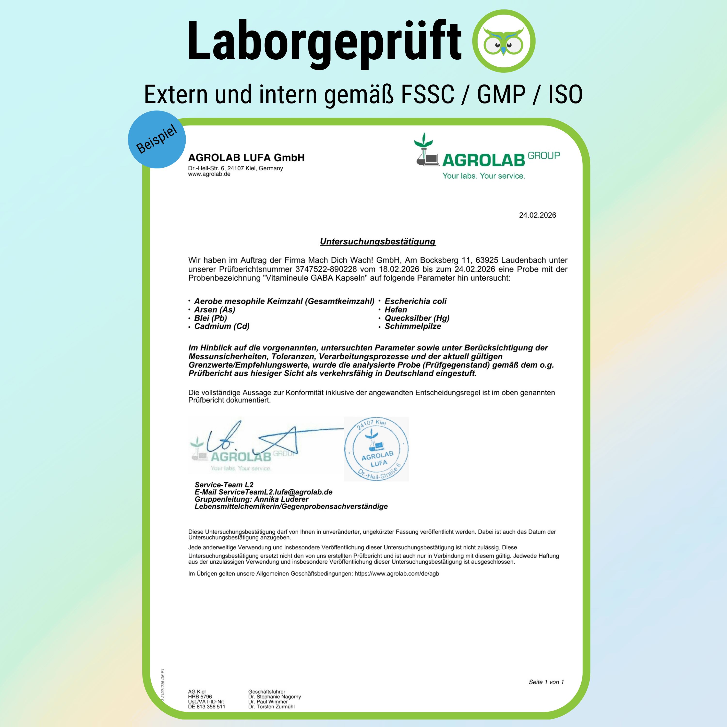 Laborbericht: Agrolab LUFA GmbH. Analyse von Vitamineule GABA Kapseln. Ergebnisse: Arsen, Cadmium, etc. Unterschriften, Stempel.