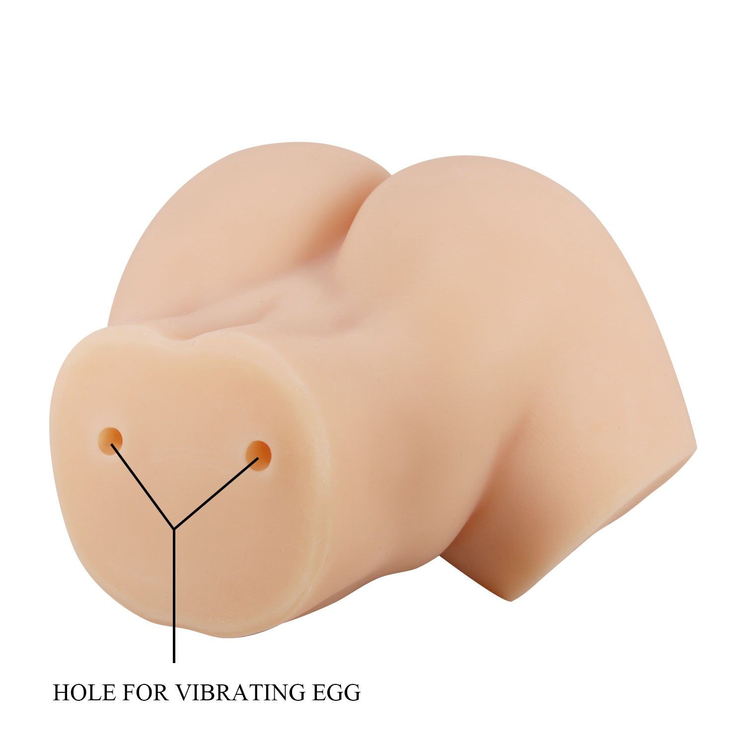 Realistischer Vagina- und Anus-Vibrator. Hautfarbenes Produkt. Zwei Löcher markiert: 'HOLE FOR VIBRATING EGG'.