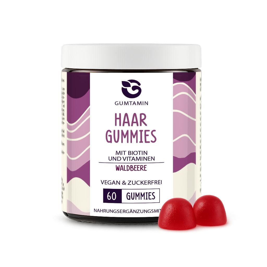 Dose mit roten Gummibärchen. Text: GUMTAMIN Haar Gummies, mit Biotin und Waldbeere, Vegan & Zuckerfrei, 60 Gummies.