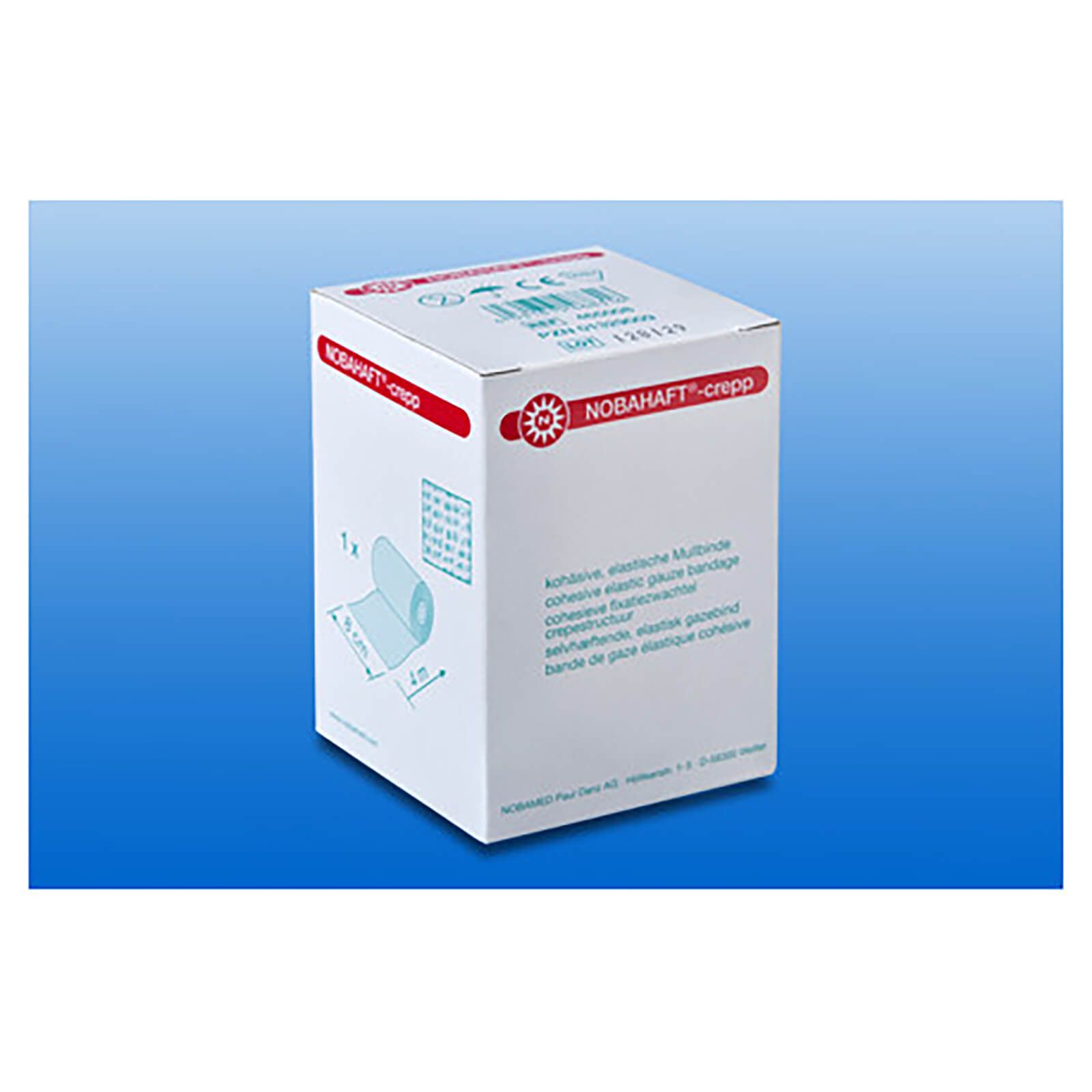 Verpackung der kohäsiven Fixierbinde. Weißer Karton mit roter Schrift und Produktinformationen. Marke Noba Haft-crepp.