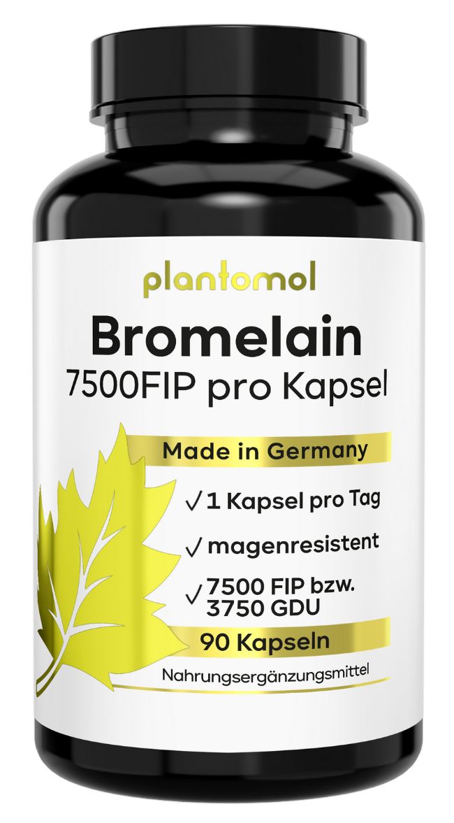 Schwarze Flasche mit Kapseln. Aufschrift: plantomol Bromelain 7500 FIP pro Kapsel. Gelbes Blatt-Logo. Made in Germany. 90 Kapseln.