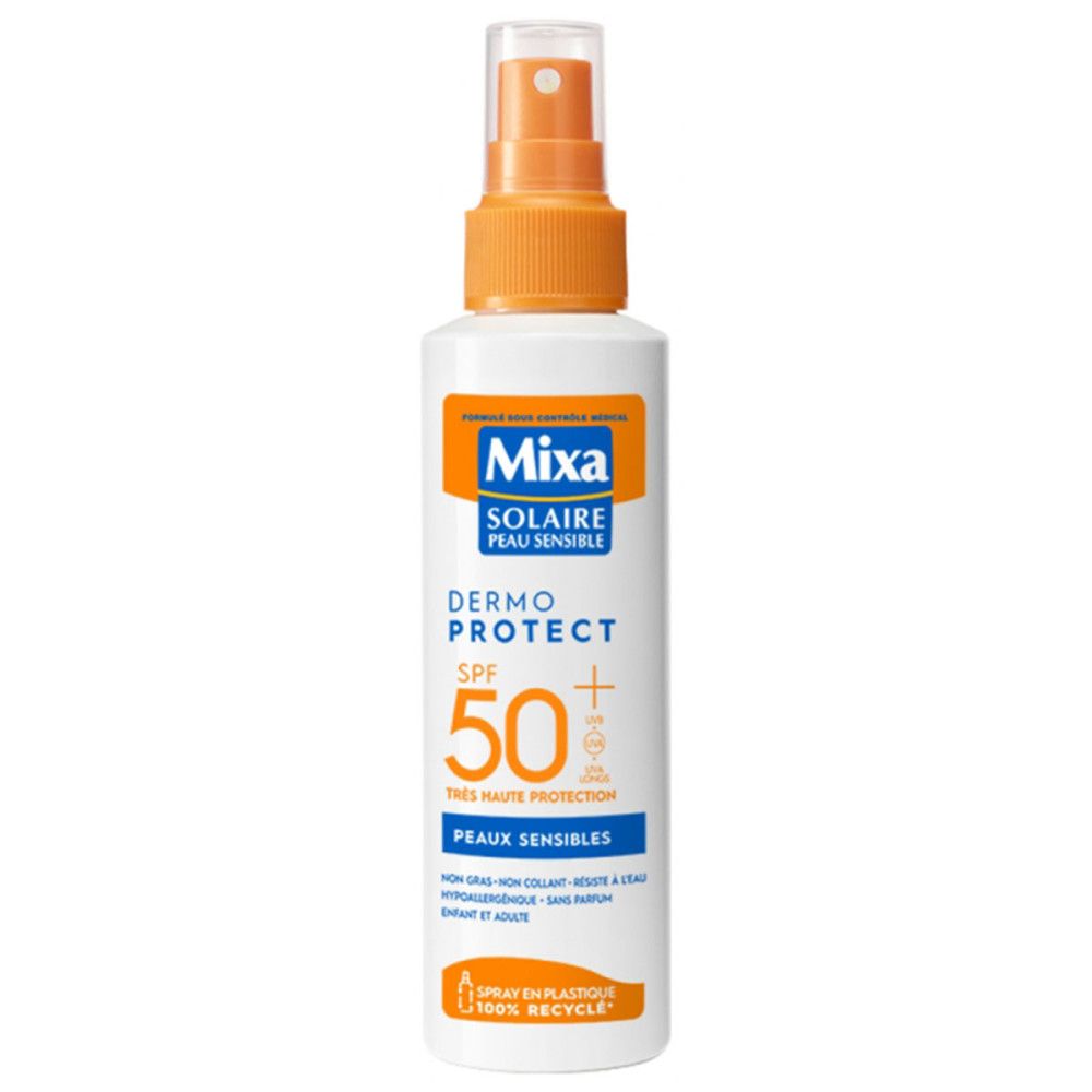 Weiße Sprühflasche mit orangefarbenem Sprühkopf. Aufschrift: Mixa, Solaire Peau Sensible, Dermo Protect SPF 50+. Für empfindliche Haut.