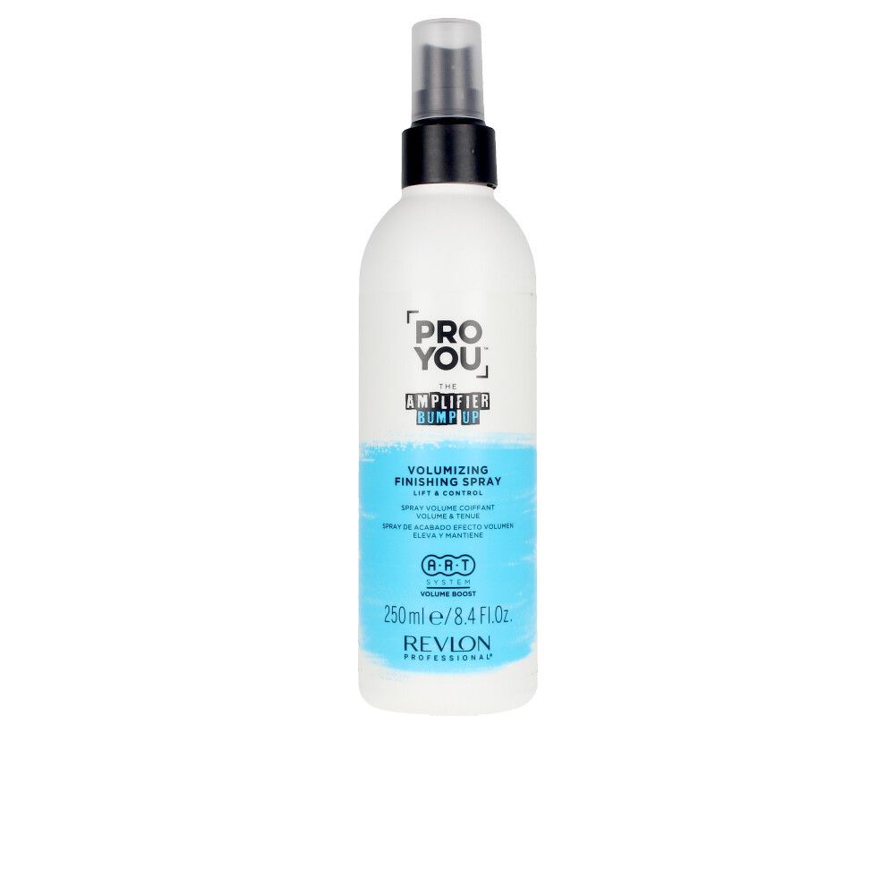 Haarspray-Flasche. Weiß, mit blauem Etikett. Enthält Text: PRO YOU, THE AMPLIFIER BUMP UP, VOLUMIZING FINISHING SPRAY, REVLON PROFESSIONAL.