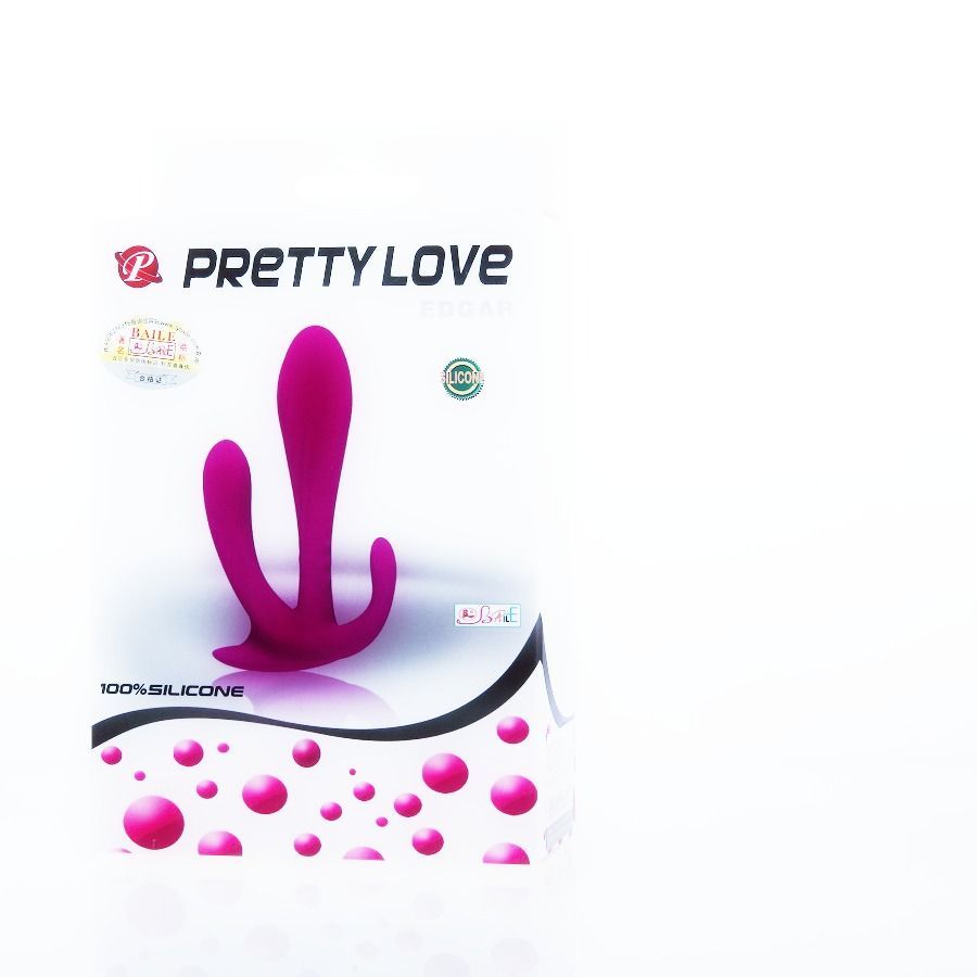 Verpackung mit einem rosafarbenen Doppelstimulationsgerät. Aufschrift "PRETTY LOVE". 100% Silikon.