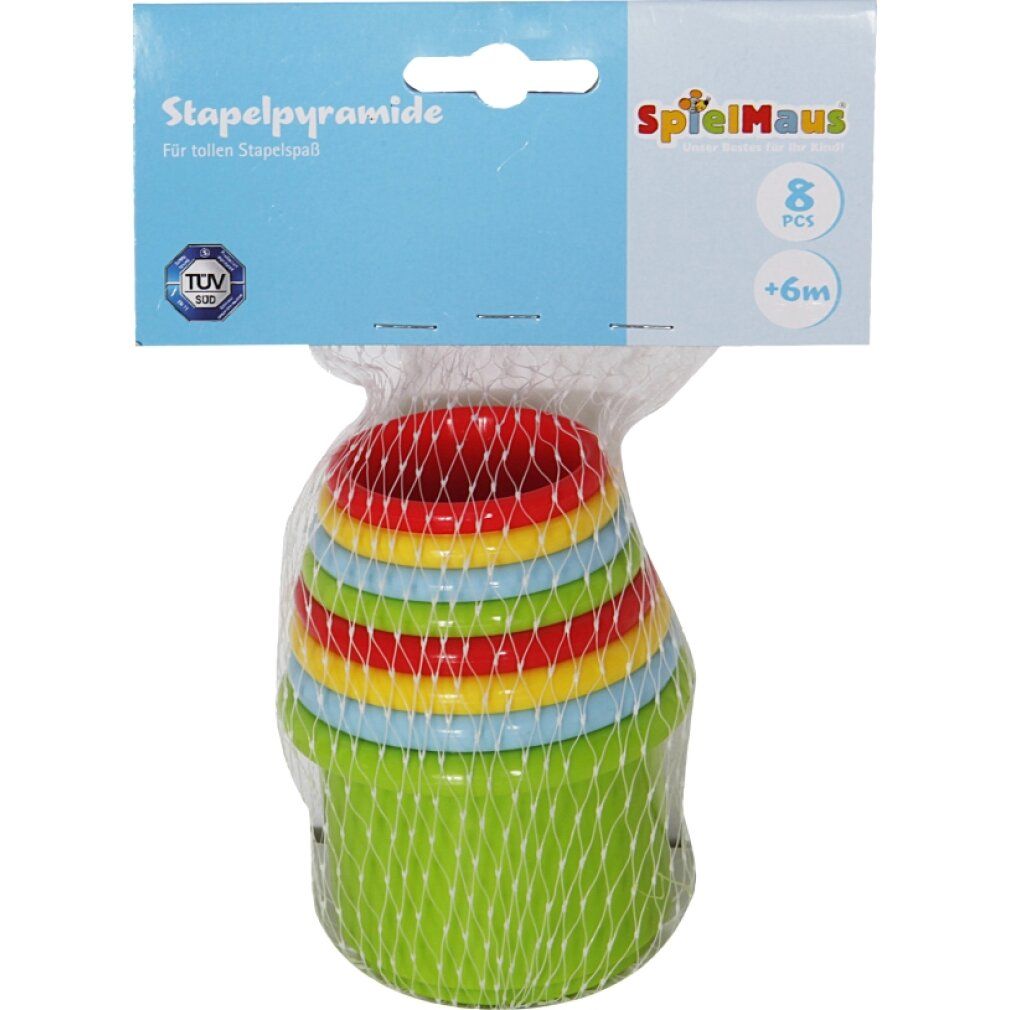 Stapelpyramide in Netzverpackung. Enthält 8 farbige Becher. Auf der Verpackung steht "SpielMaus" und "+6m".