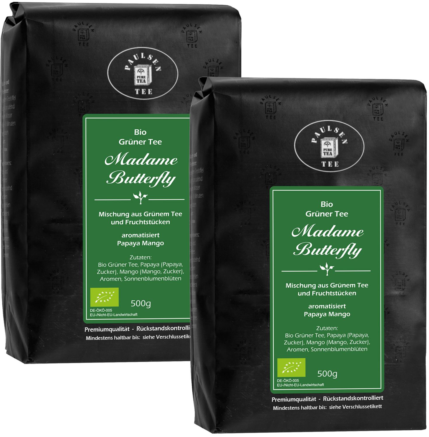 Zwei schwarze Beutel mit "Paulsen Tee Bio Madame Butterfly". Grüntee-Mischung mit Früchten. 500g. Bio-Siegel.