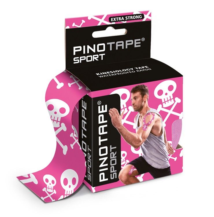 Pinkfarbenes Sporttape mit Totenkopf-Muster. Verpackung mit Produktnamen und Abbildung eines Sportlers. Aufschrift: EXTRA STRONG.