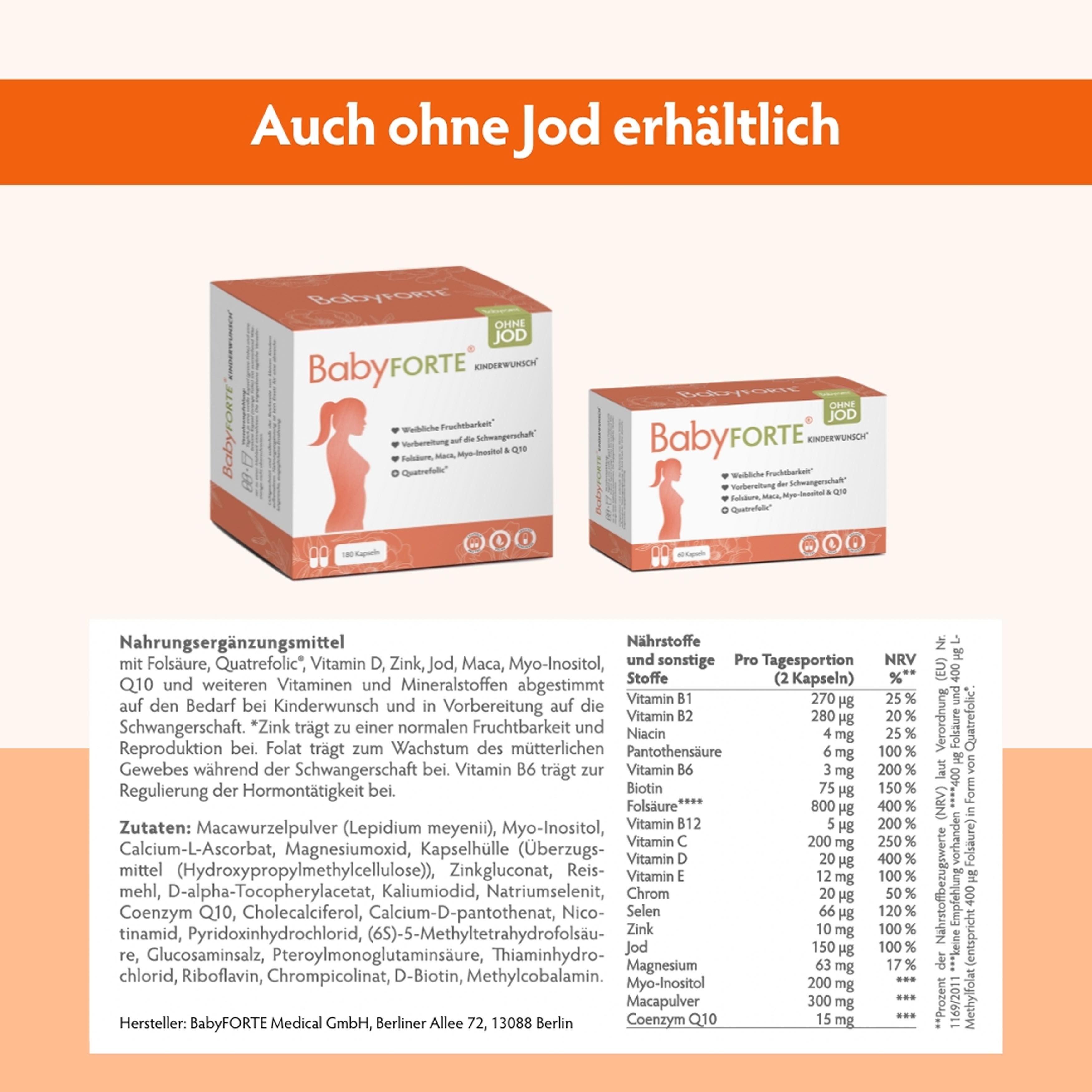 Zwei Packungen BabyFORTE. Text: Nährwertangaben, Zutaten. Kleine Packung: 30 Kapseln. Große Packung: 90 Kapseln. Auch ohne Jod erhältlich.