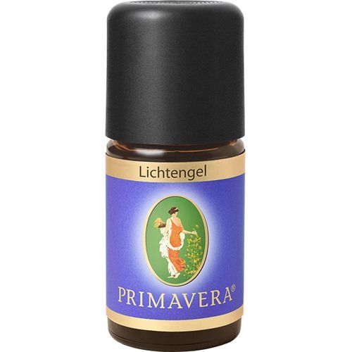 Braune Glasflasche mit schwarzem Deckel. Etikett mit "Lichtengel" und "PRIMAVERA®". Abbildung einer Frau mit Blumen.