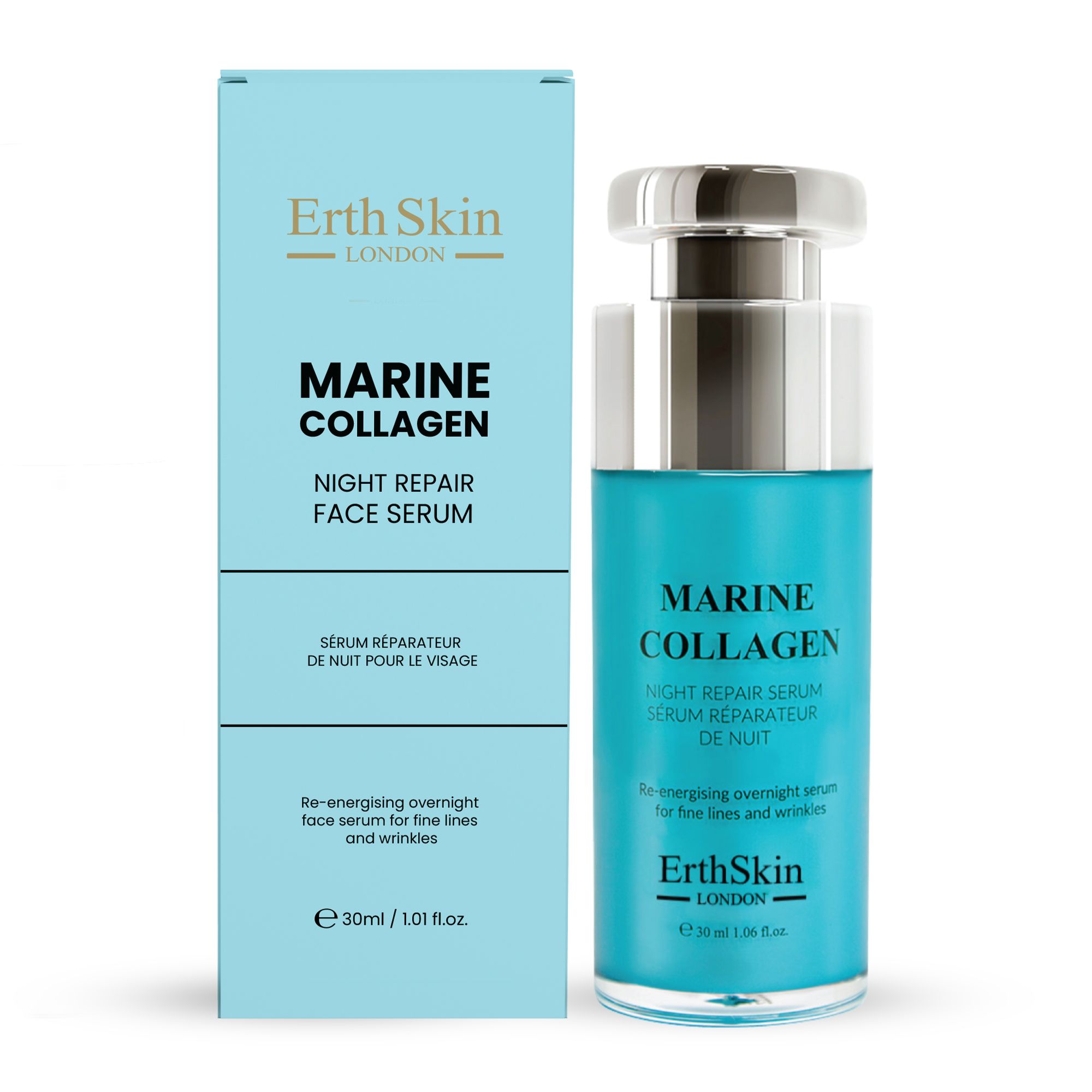 Marine Collagen Nacht Reparaturserum und seine Verpackung.