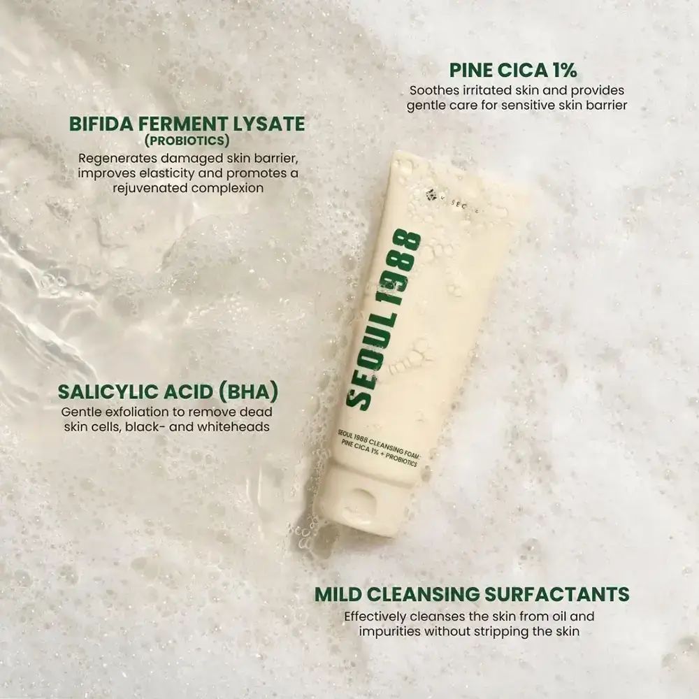 Creme-Tube in Seifenblasen. Aufschrift: SEOUL 1988. Text: Pine Cica 1% + Probiotics. Zusätzliche Texte.