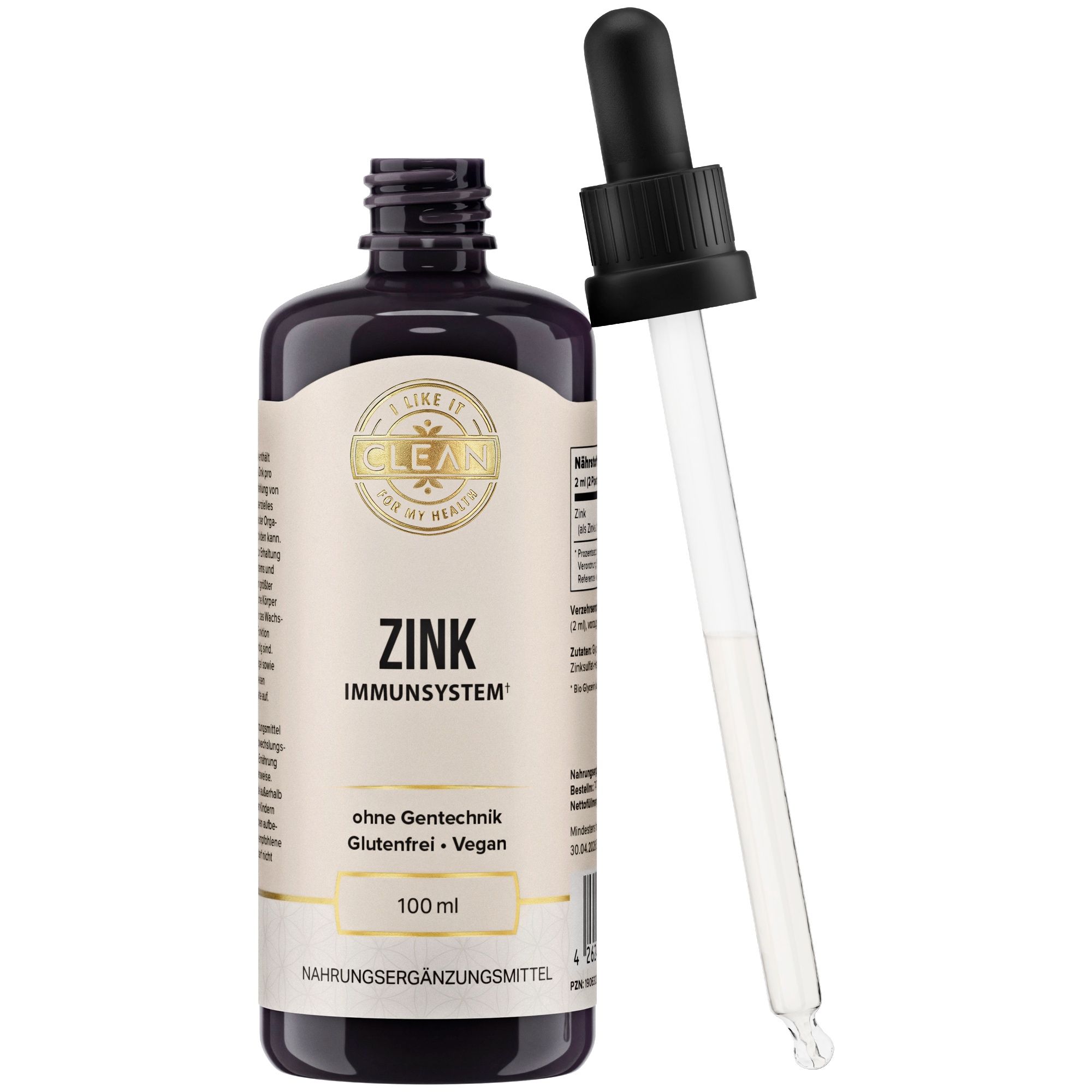 Braune Flasche mit schwarzem Deckel und Pipette. Beschriftung: Zink, Immunsystem. 100 ml.