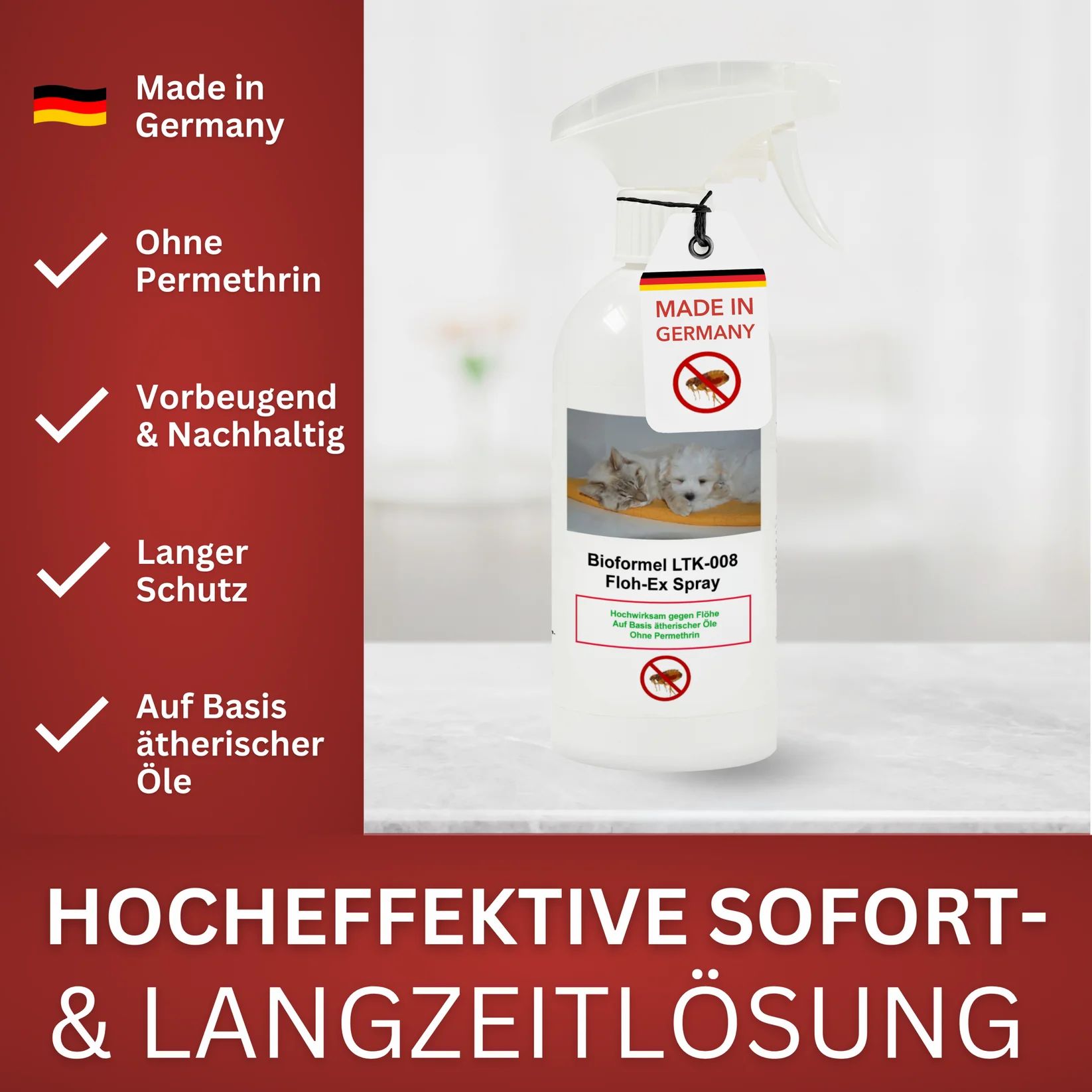 Weiße Sprühflasche mit Etikett, Produktname und Logos. Text: Ohne Permethrin, Vorbeugend & Nachhaltig, Langer Schutz, Auf Basis ätherischer Öle.