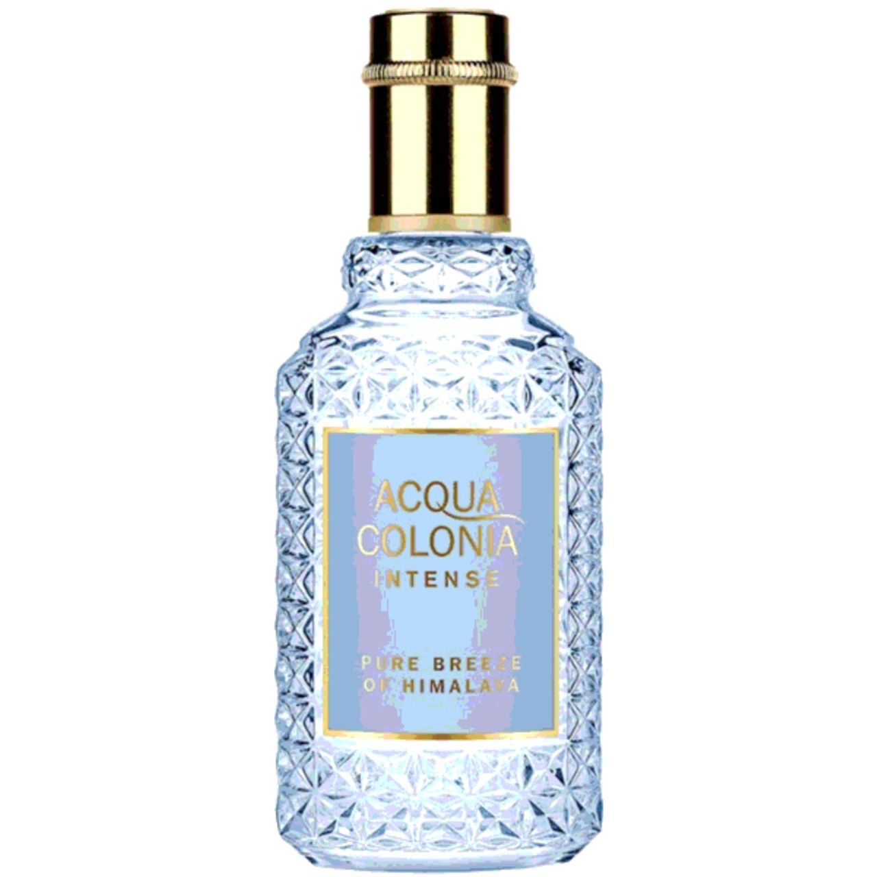 Hellblaues Eau de Cologne mit goldfarbenem Verschluss. Auf dem Etikett steht 'ACQUA COLONIA INTENSE Pure Breeze of Himalaya'.