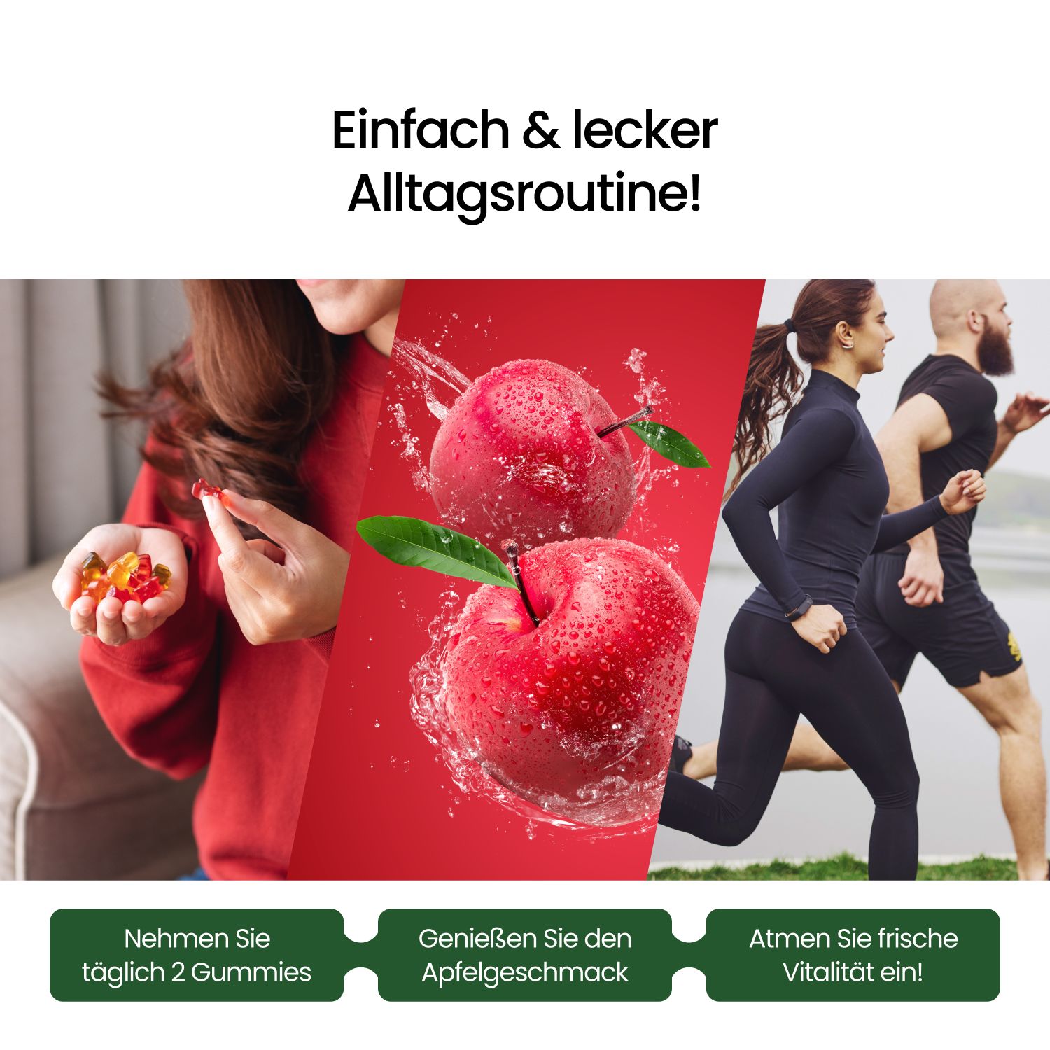 Werbebild mit Äpfeln und Läufern. Text: "Einfach & lecker Alltagsroutine!" und "Nehmen Sie täglich 2 Gummies".