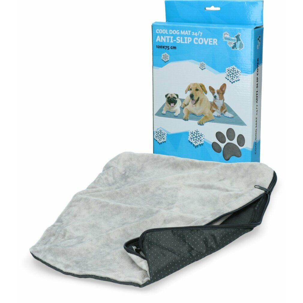 Hundematte mit Anti-Rutsch-Bezug und Verpackung. Größe: 120x75cm. Hellgraue Oberfläche, schwarzer Reißverschluss. Blaue Verpackung mit Produktname und Hundeabbildung.