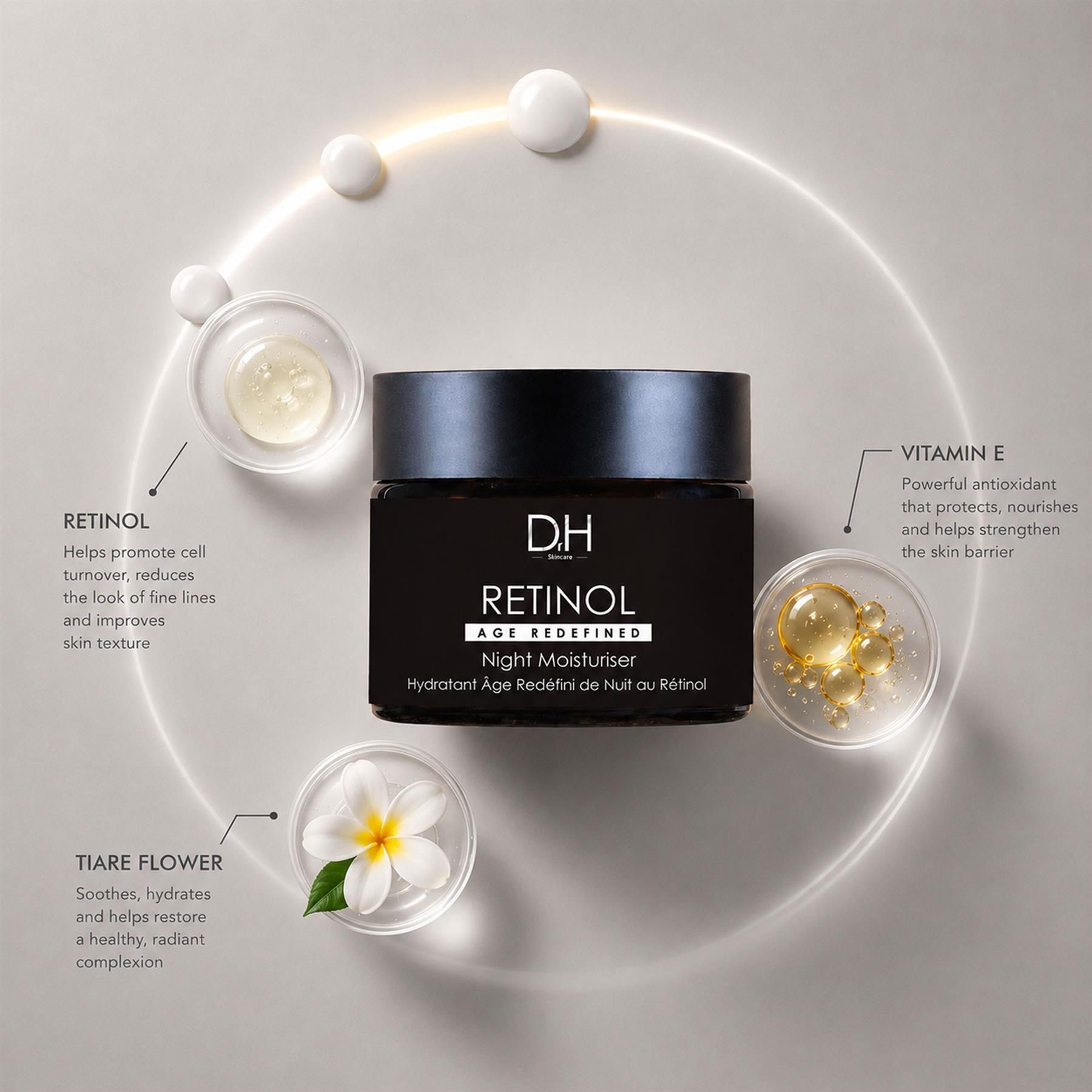 Dr H Retinol Age Redefined Nachtcreme im Glasbehälter, umgeben von Inhaltsstoffen wie Retinol und Vitamin E.
