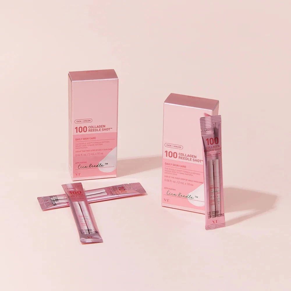 Rosa Verpackung und Beutel mit Produkttext. Mehrere Beutel und Schachteln. Aufschrift: 100 Collagen Reedle Shot.