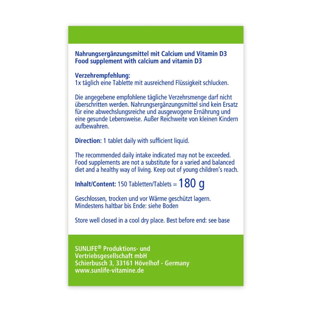 Rückseite der grünen Schachtel mit SUNLIFE Calcium + D3 Tabletten. Text: Nahrungsergänzungsmittel mit Calcium und Vitamin D3.