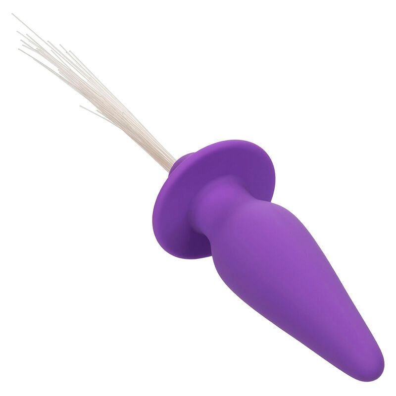 Lila Analstecker mit konischer Form, breiter Basis und weißen Fasern.
