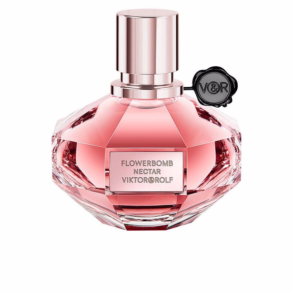 Rosafarbener Flakon mit rosa Flüssigkeit. Aufschrift: Flowerbomb Nectar Viktor & Rolf. Schwarzes Siegel mit V&R-Logo.