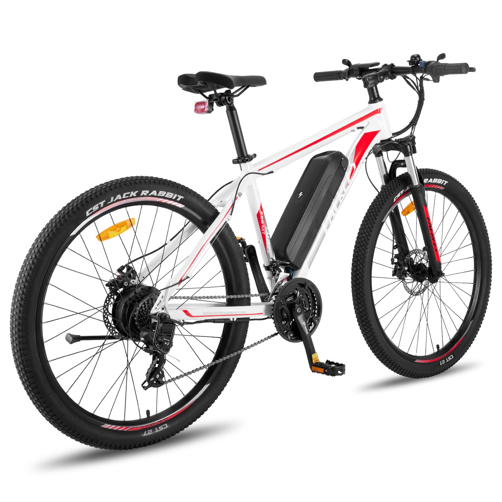 Weißes E-Mountainbike mit roten Akzenten. Schwarze Reifen, Gabel und Lenker. Akku am Rahmen.