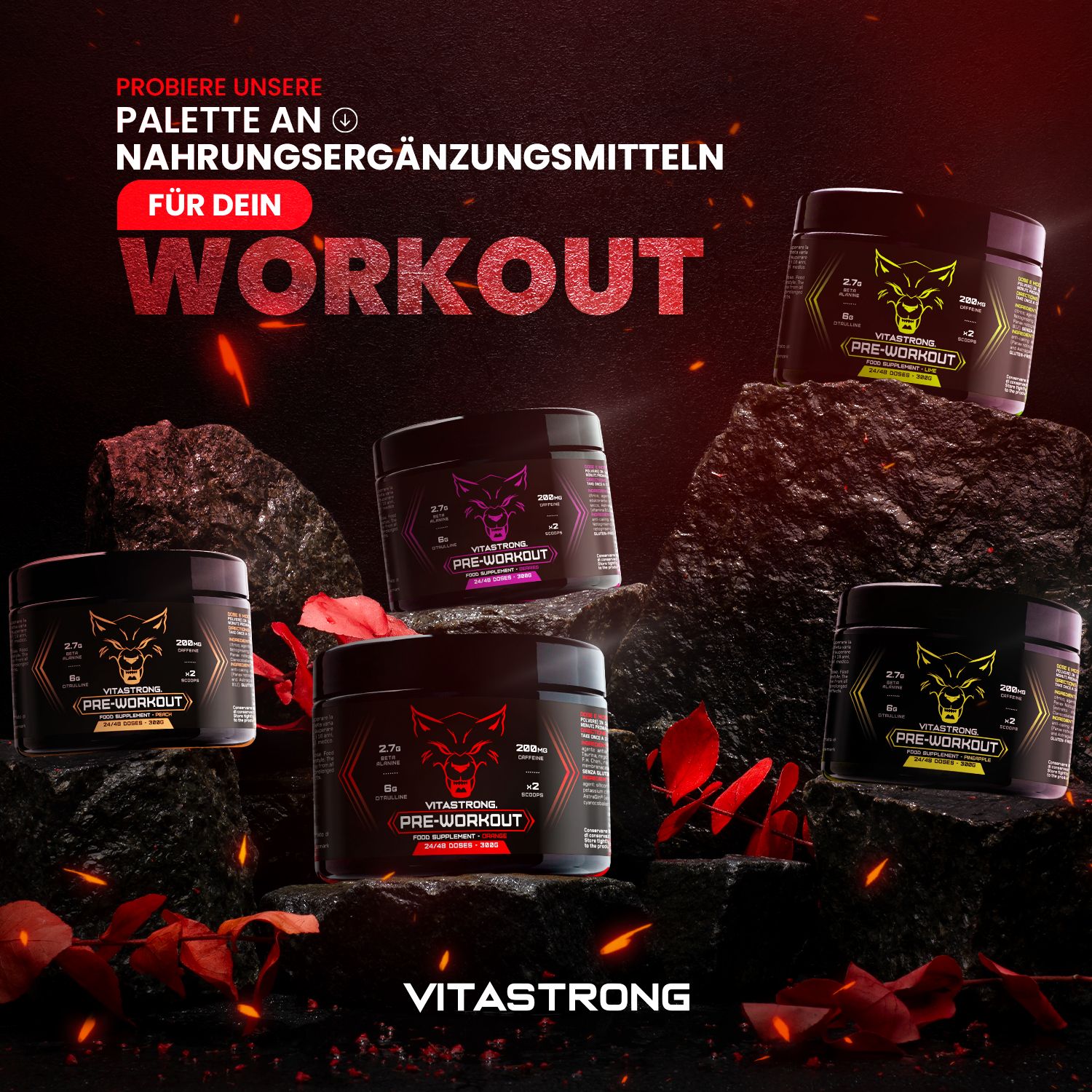 Mehrere Dosen Pre-Workout. Schwarze Dosen mit rotem Etikett. Enthält 2,7g Beta Alanin, 6g Citrullin, 200mg Koffein.