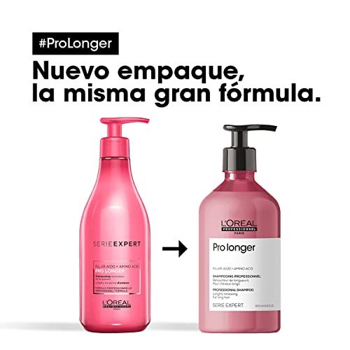 Zwei rosa Shampoo-Flaschen mit Pumpverschluss. Links: Serie Expert. Rechts: Pro Longer. Text: Neues Paket, gleiche Formel.