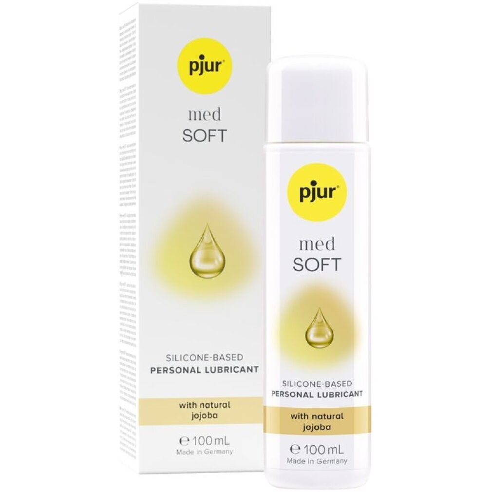 Flasche und Verpackung von pjur® med *Soft*. Aufschrift: Silicone-based Personal Lubricant with natural Jojoba. E 100 ml.