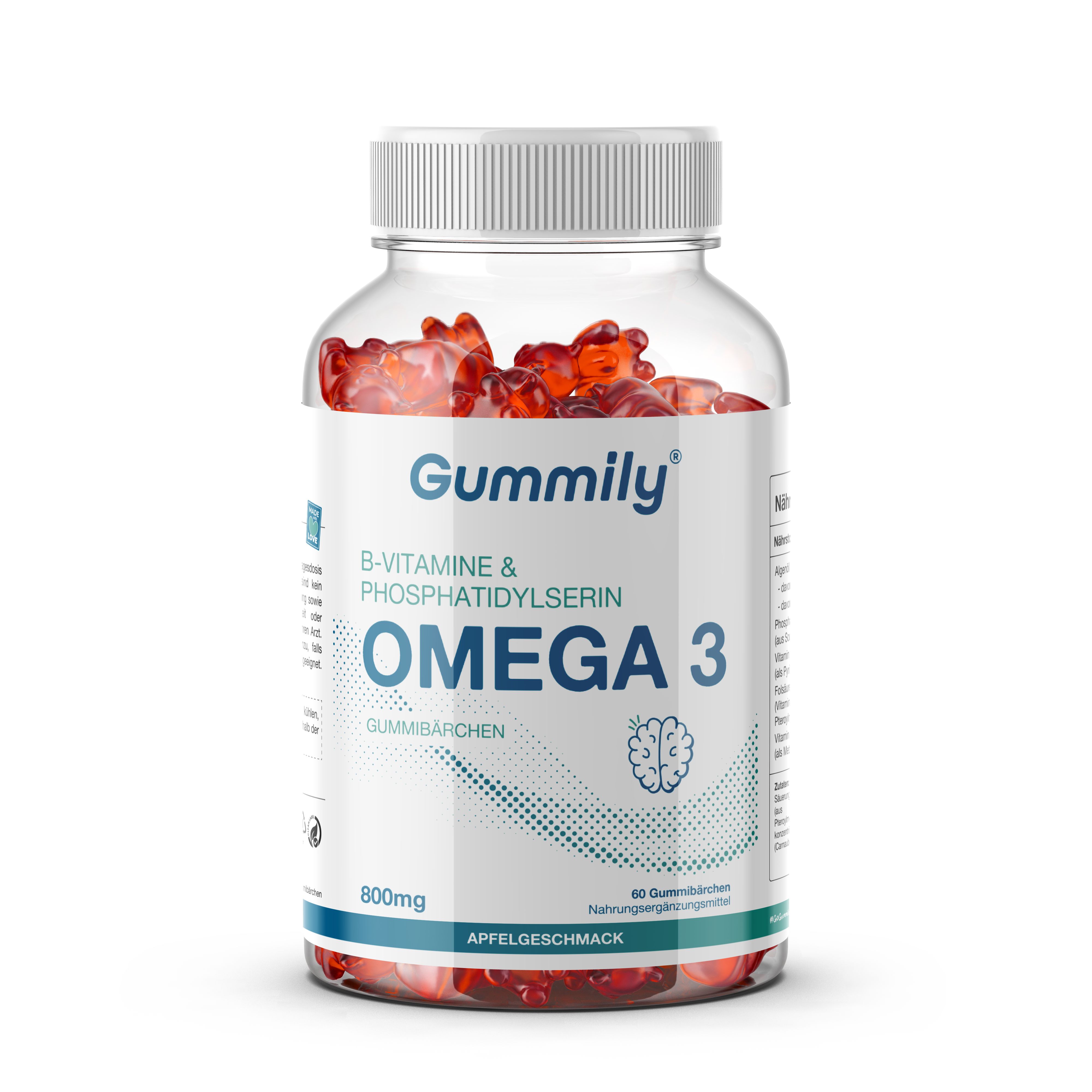 Gummily Omega 3 Gummibärchen in einem Glasbehälter mit weißem Deckel.
