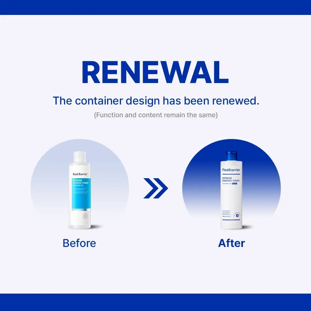 Grafik: Vorher-Nachher-Vergleich. Links: Flakon mit blauem Etikett. Rechts: Flakon mit neuem Design. Text: Renewal.