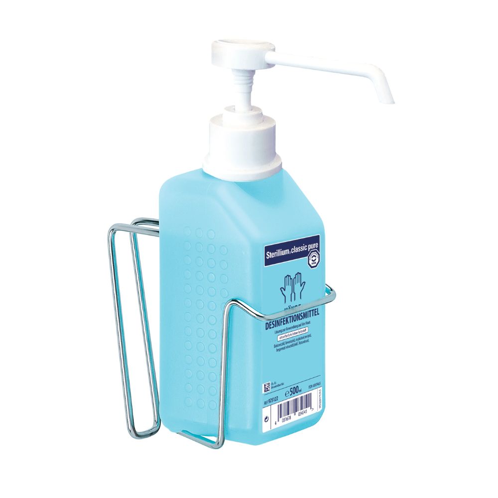 Blauer Desinfektionsmittel-Spender in Metallhalterung mit weißem Pumpkopf und Ausgießer.