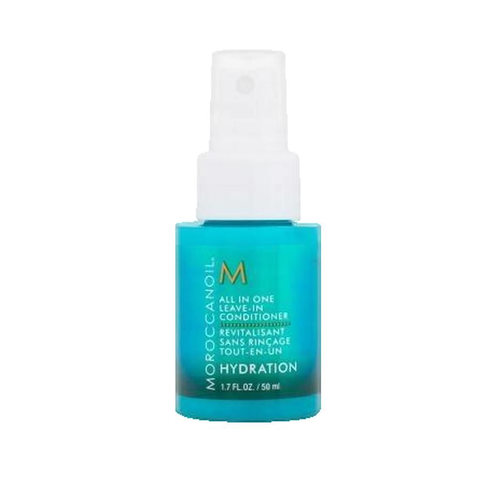 Türkisgrüne Sprühflasche mit weißem Sprühkopf. Beschriftung: Moroccanoil, All in One Leave-in Conditioner, Hydration. 1.7 fl.oz / 50 ml.