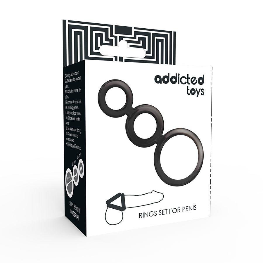 Verpackung mit drei schwarzen Ringen. Aufdruck: Addicted Toys, Rings Set for Penis. Illustration eines Penisrings.