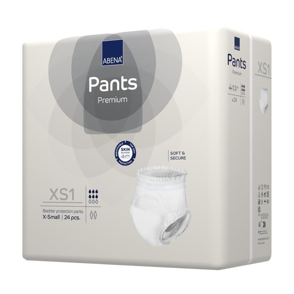 Abena Pants Premium XS1, weiß, in Verpackung. Auf der Verpackung: Marke, Produktname, Größe, Stückzahl, Hautschutz-Zertifizierung.
