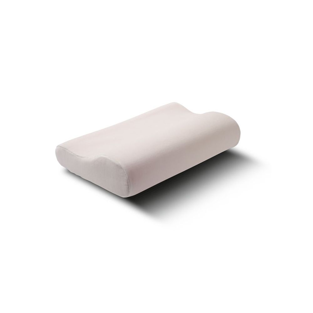 Beige Nackenkissen mit ergonomischer Form. Das Kissen hat eine wellenförmige Aussparung und eine rechteckige Form.