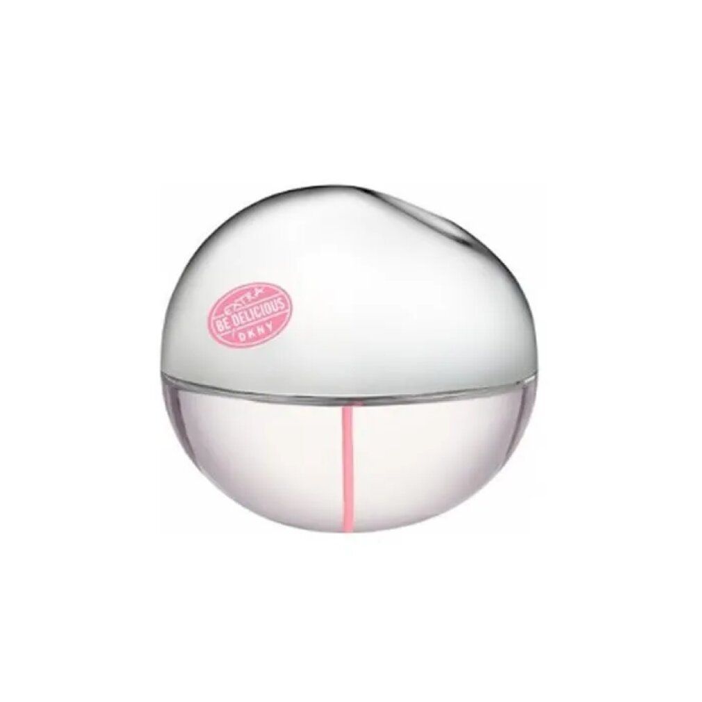 Runder, transparenter Flakon mit rosa Streifen. Rosa Logo auf dem Flakon. Ohne Verpackung.