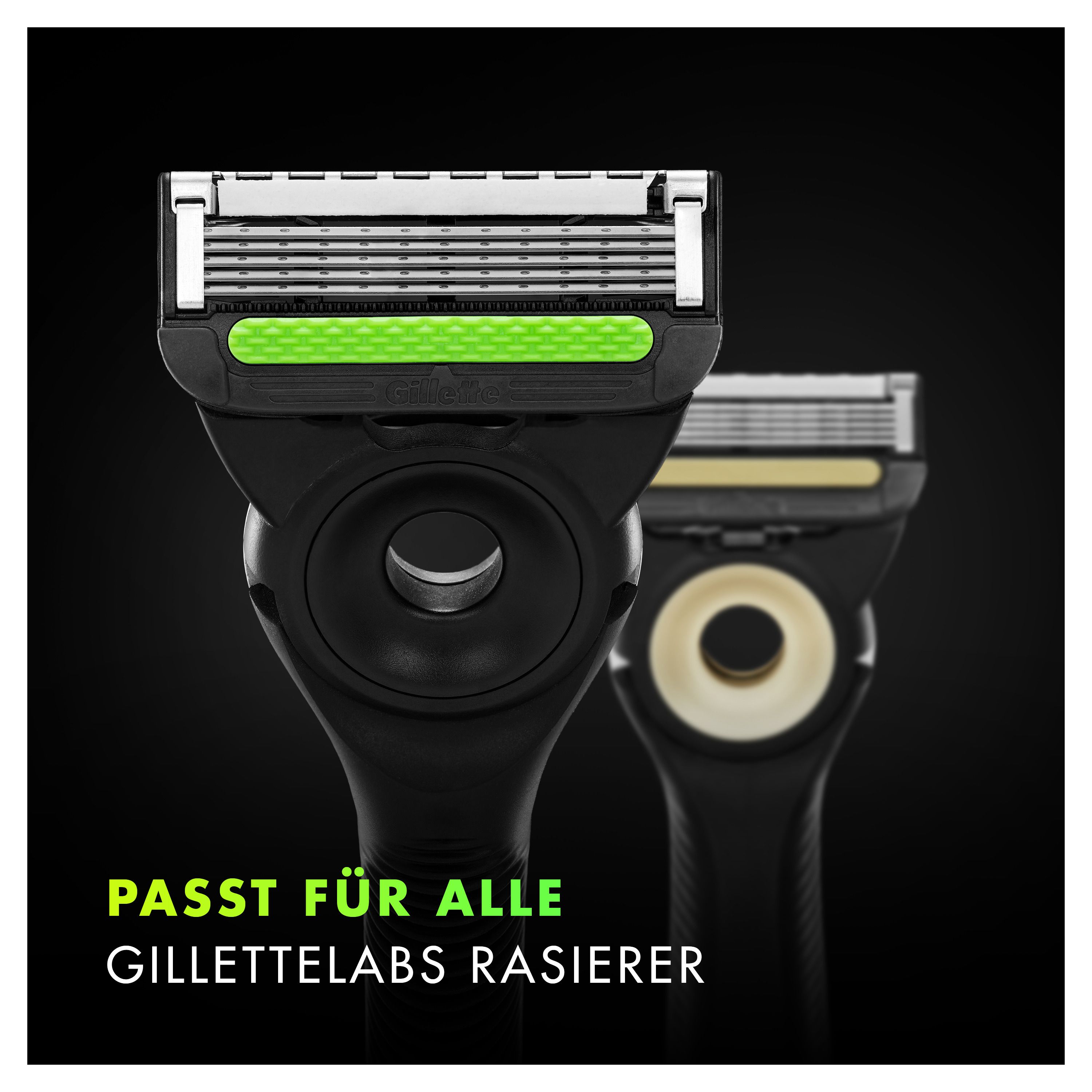 Zwei Rasierer. Schwarze Griffe, grüne Akzente. Text: "Passt für alle GilletteLabs Rasierer".