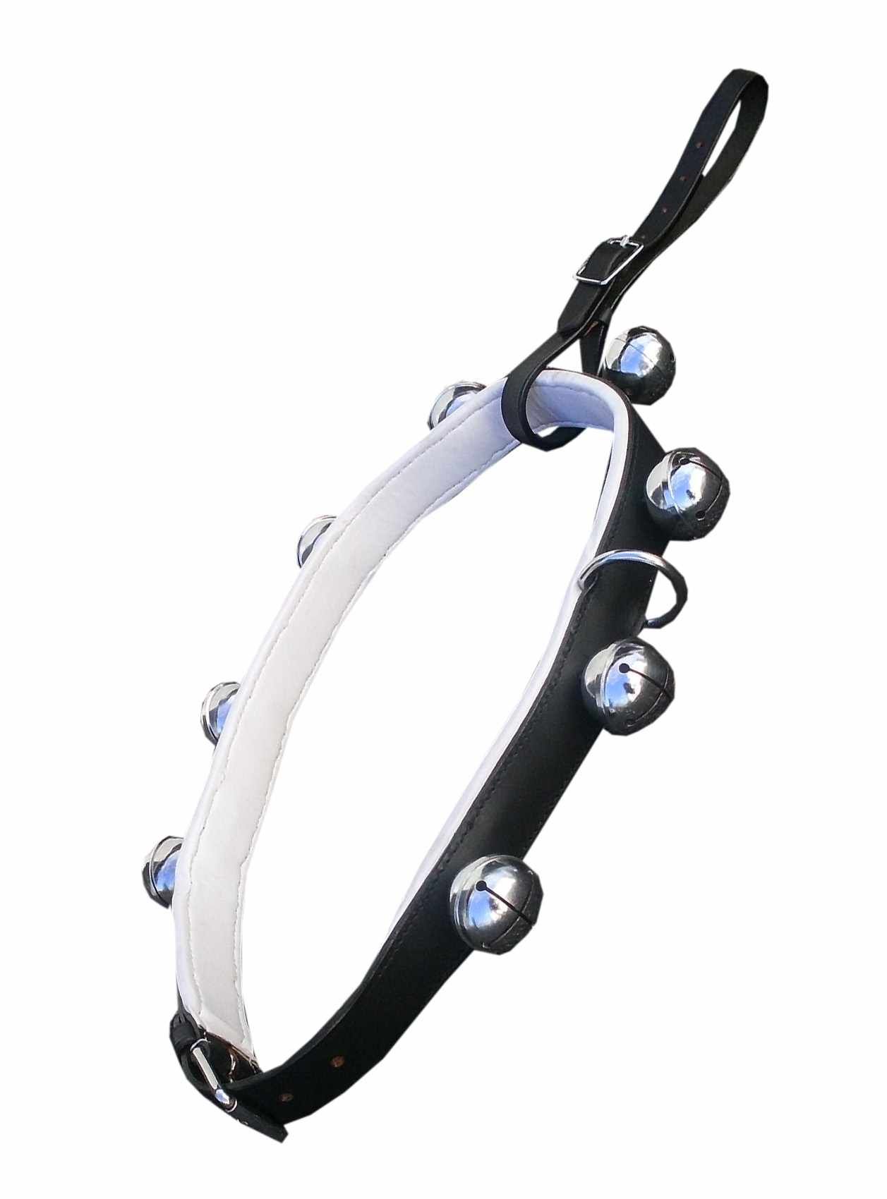 Pferdeglockenkranz mit silbernen Glocken. Schwarzes Leder, weiß unterlegt. Ansicht von oben.