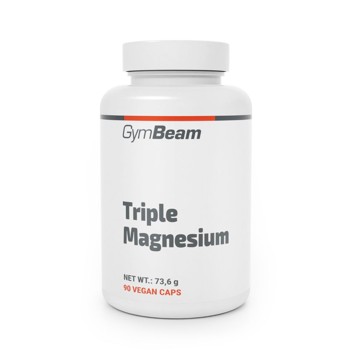 GymBeam Triple Magnesium Kapseldose, weiß, mit rotem und schwarzem Streifen. Enthält 90 vegane Kapseln.