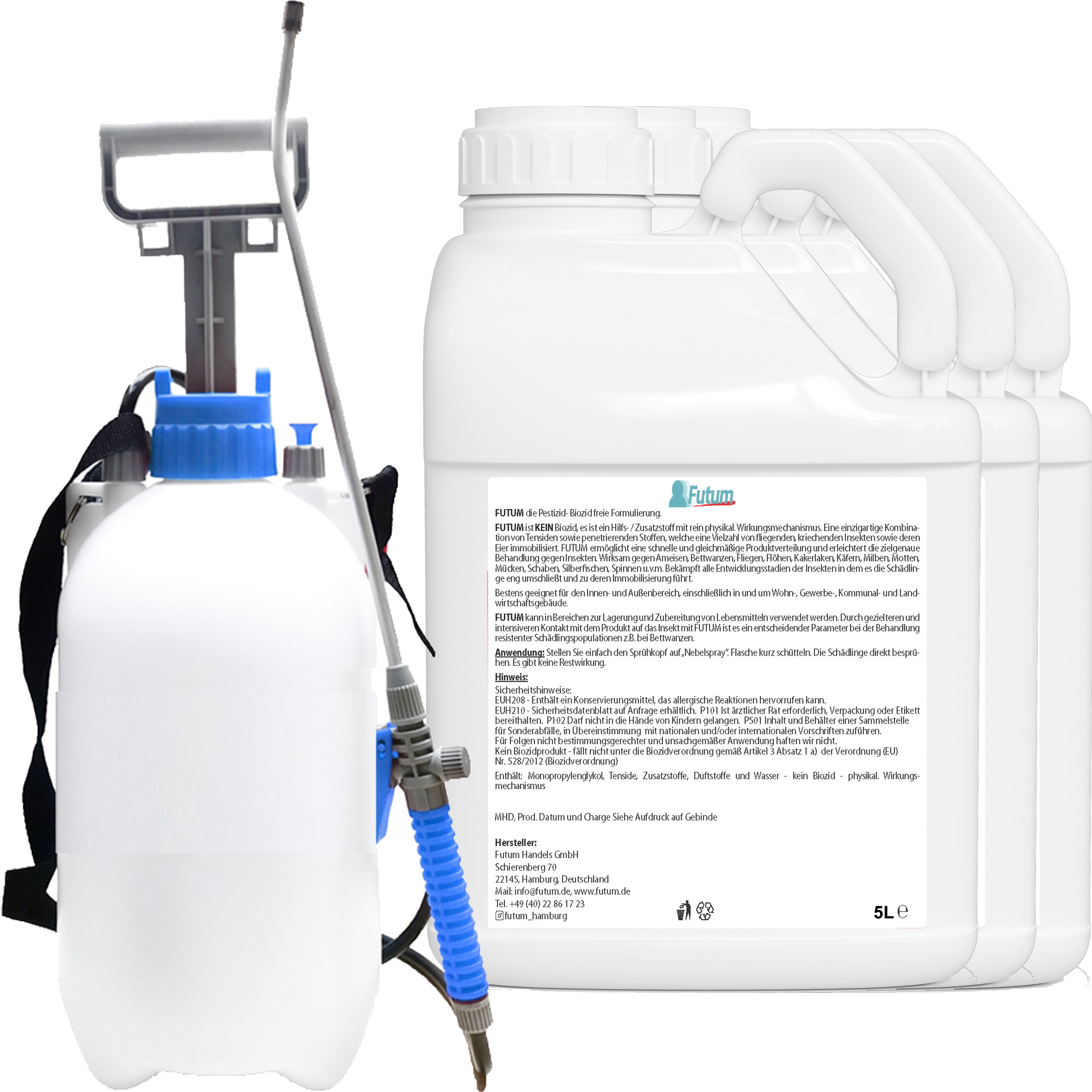 FUTUM 3x5L Bettwanzen- / Flohspray + 5L Sprüher