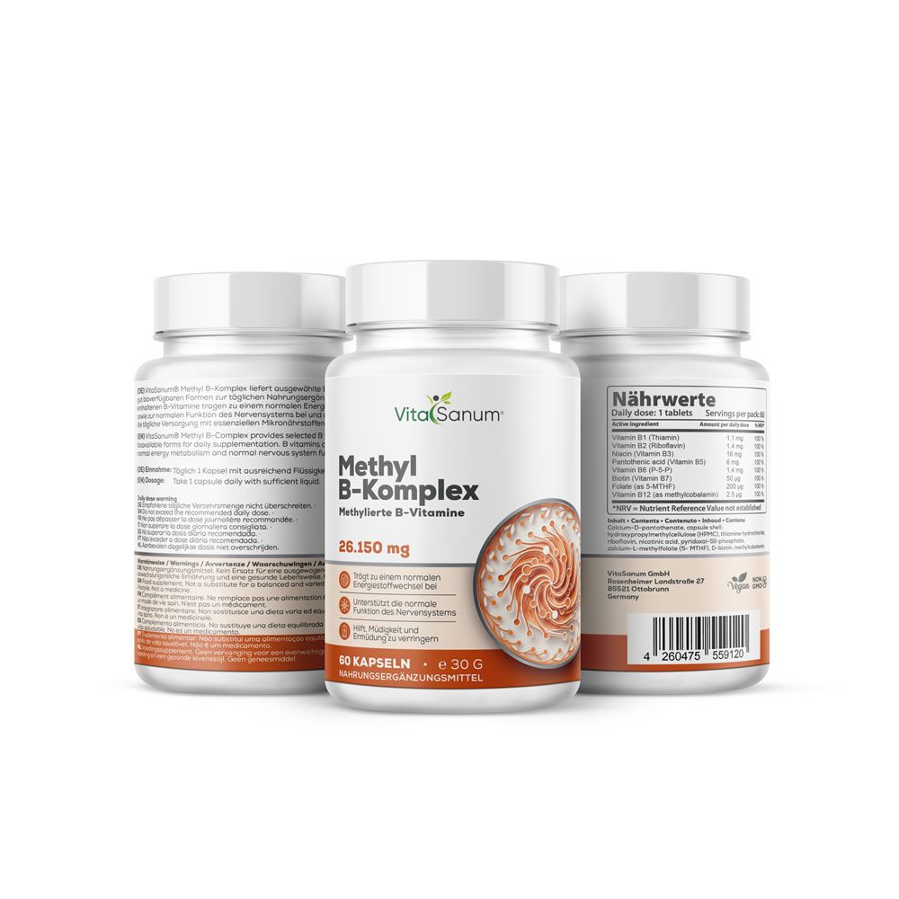 Drei weiße Flaschen mit Etiketten. Aufschrift: Methyl B-Komplex, 26.150 mg, 60 Kapseln. Vegan-Siegel.