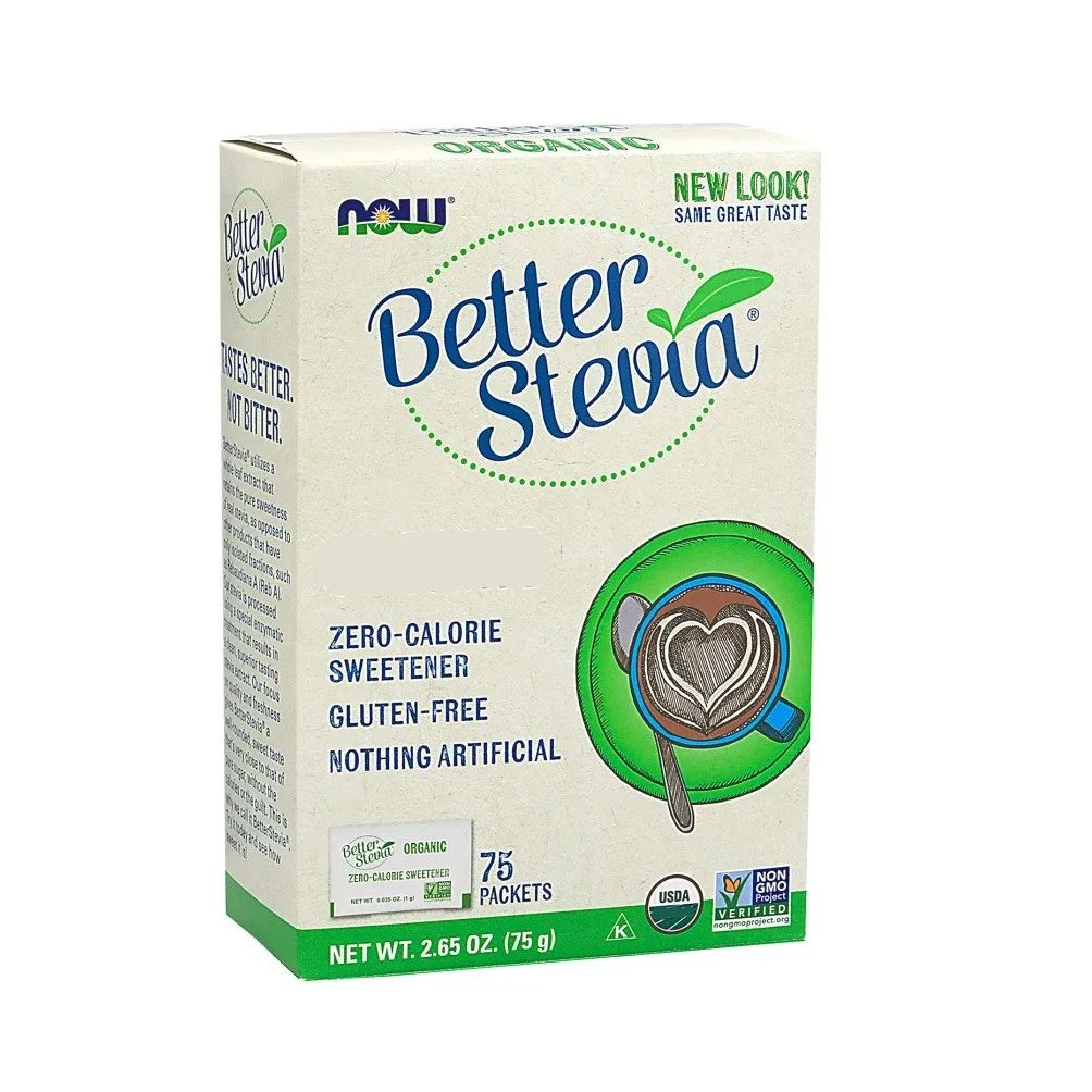 Karton mit Better Stevia Päckchen. Aufschrift: Zero-Calorie Sweetener, Gluten-Free, Nothing Artificial. 75 Päckchen. Netto 2.65 oz (75g).
