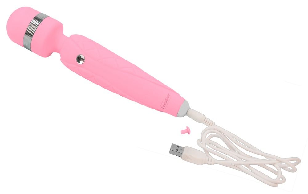 Rosa PILLOW TALK Cheeky Vibrationsstab mit USB-Ladekabel und Schutzkappe.