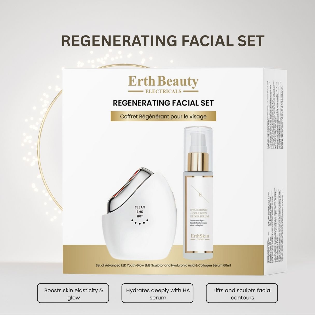 Verpackung des regenerierenden Gesichtssets mit EMS-Sculptor und Hyaluronsäure-Serumflasche.