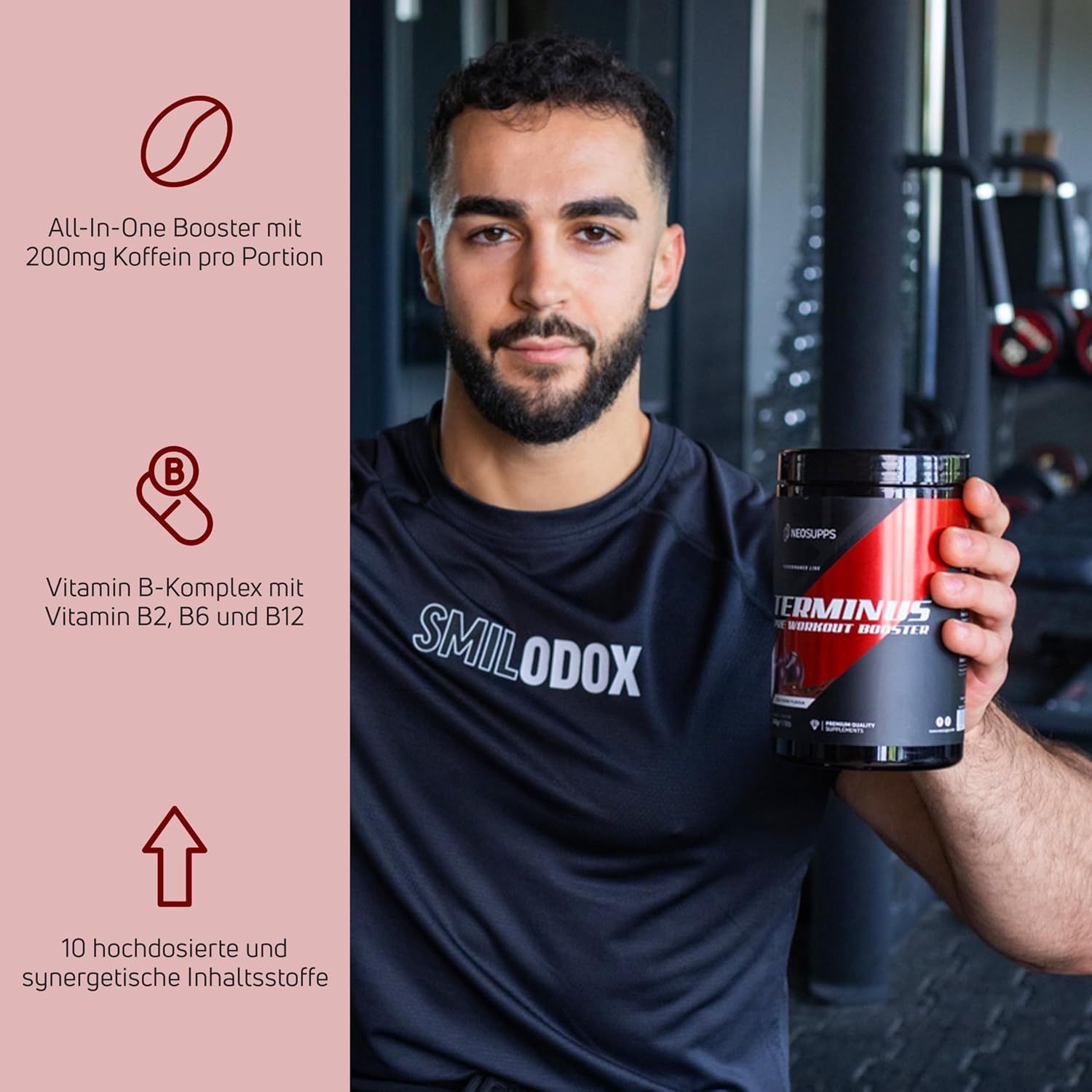 Mann hält Dose. Aufschrift: Terminus Booster. Enthält 200mg Koffein. Vitamin B-Komplex. 10 Inhaltsstoffe.