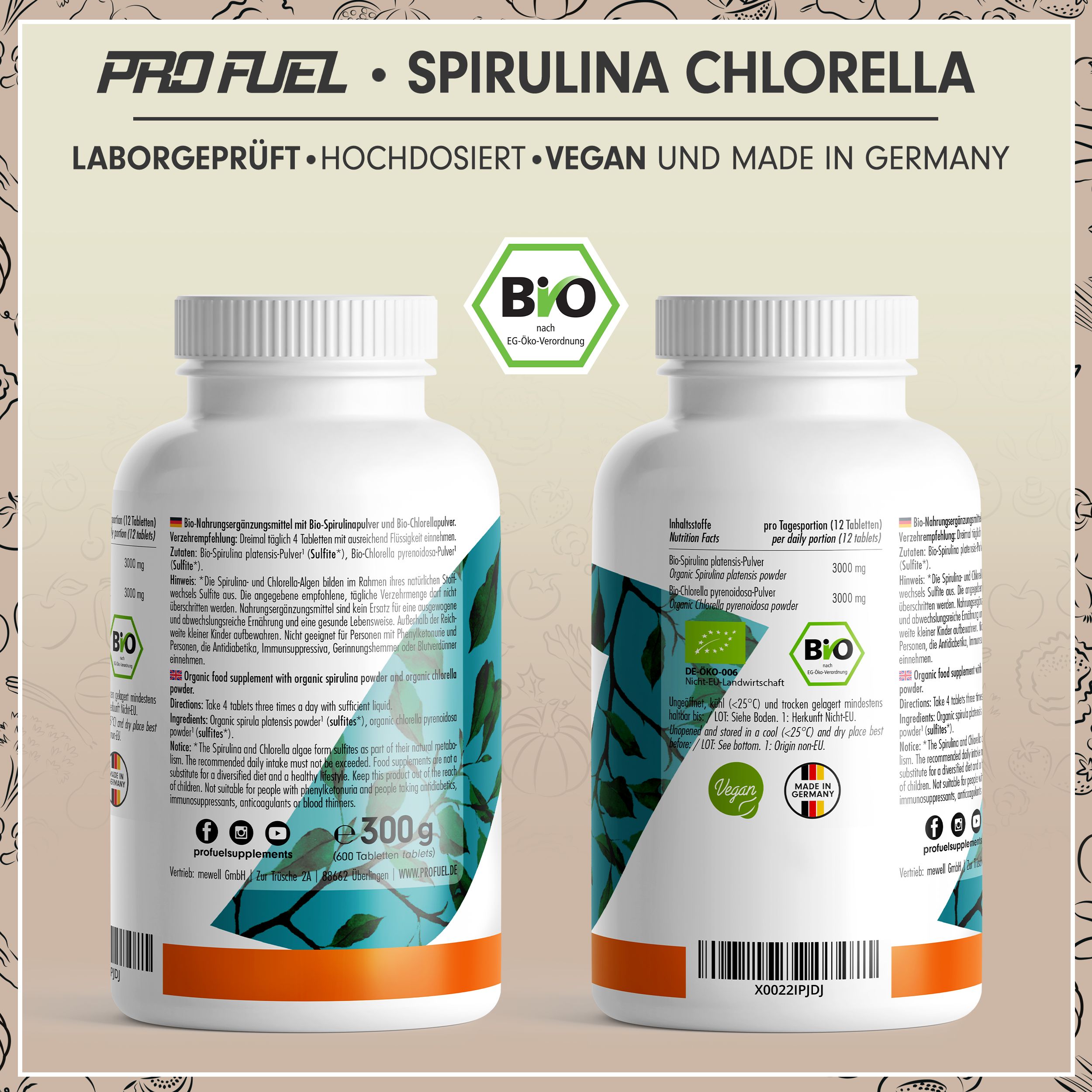 Zwei Flaschen Bio Spirulina Chlorella. Text: 300g, Bio-Siegel, Vegan, Made in Germany, Nährwertangaben.