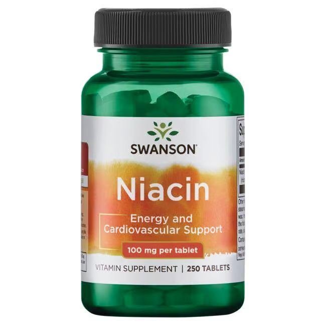 Grüne Flasche mit schwarzem Deckel. Etikett mit "SWANSON Niacin", "100 mg pro Tablette" und "250 Tabletten".