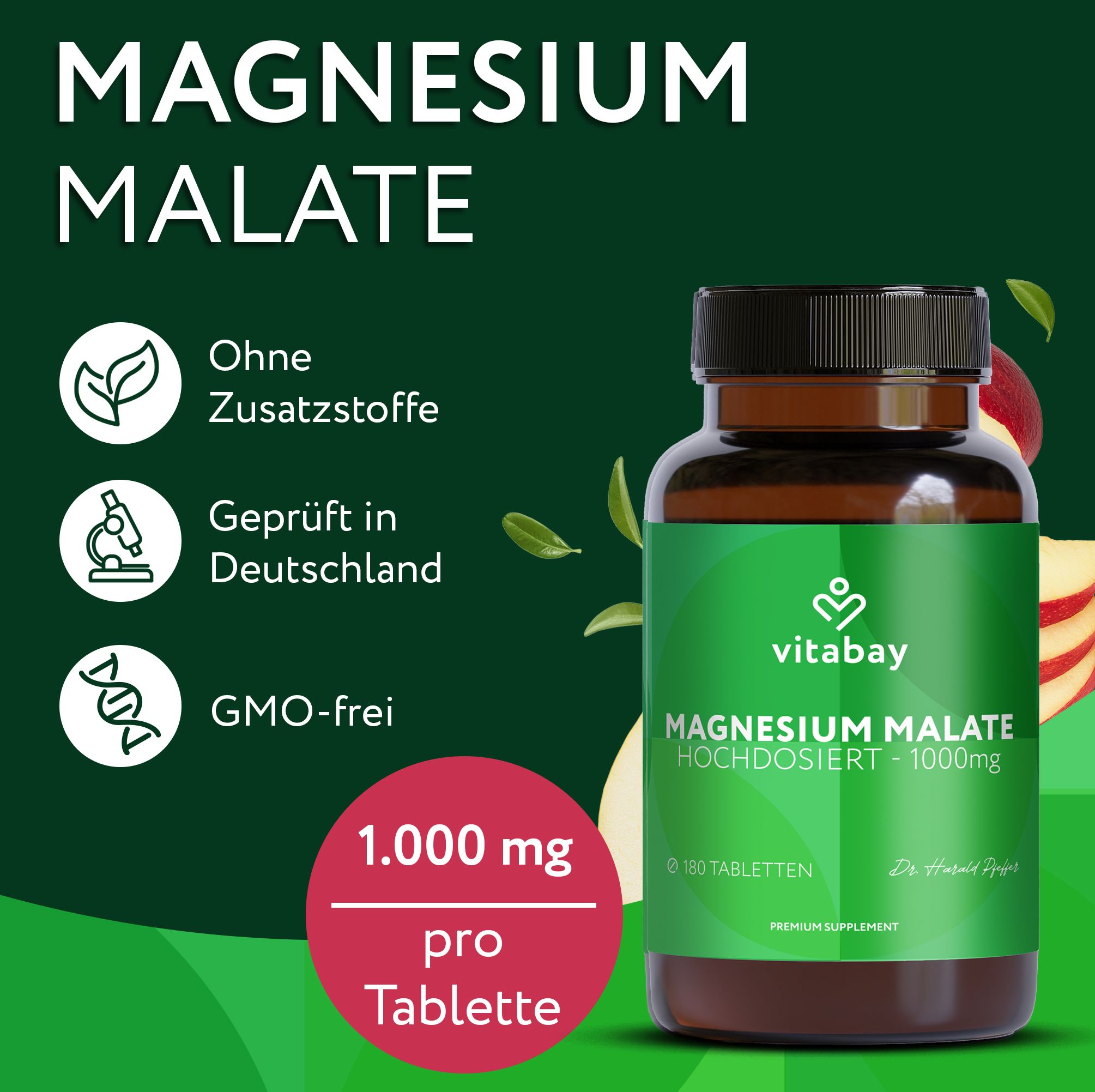 Flasche mit grünem Etikett. Aufschrift: Magnesium Malate, 1000mg, 180 Tabletten. Text: 1.000 mg pro Tablette. Logos: Ohne Zusatzstoffe, geprüft in Deutschland, GMO-frei.