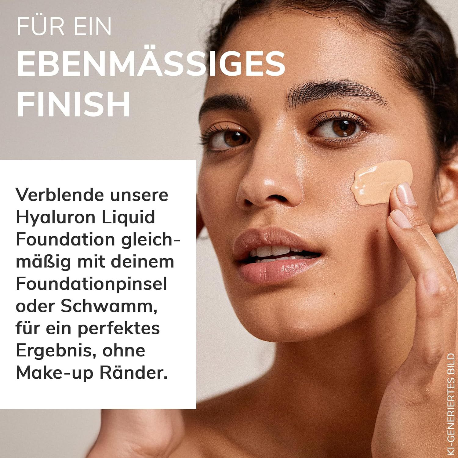 Frau trägt Lavera Hyaluron Liquid Foundation auf. Text: Für ein ebenmäßiges Finish. Anwendung mit Pinsel oder Schwamm.